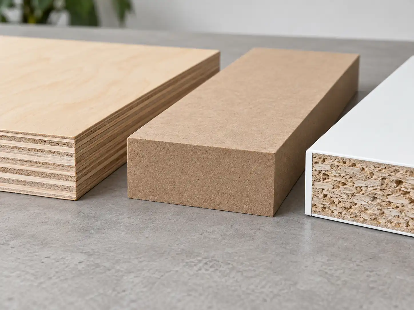 Close-up of plywood MDF and particle board cabinet panel edges with edge banding.
