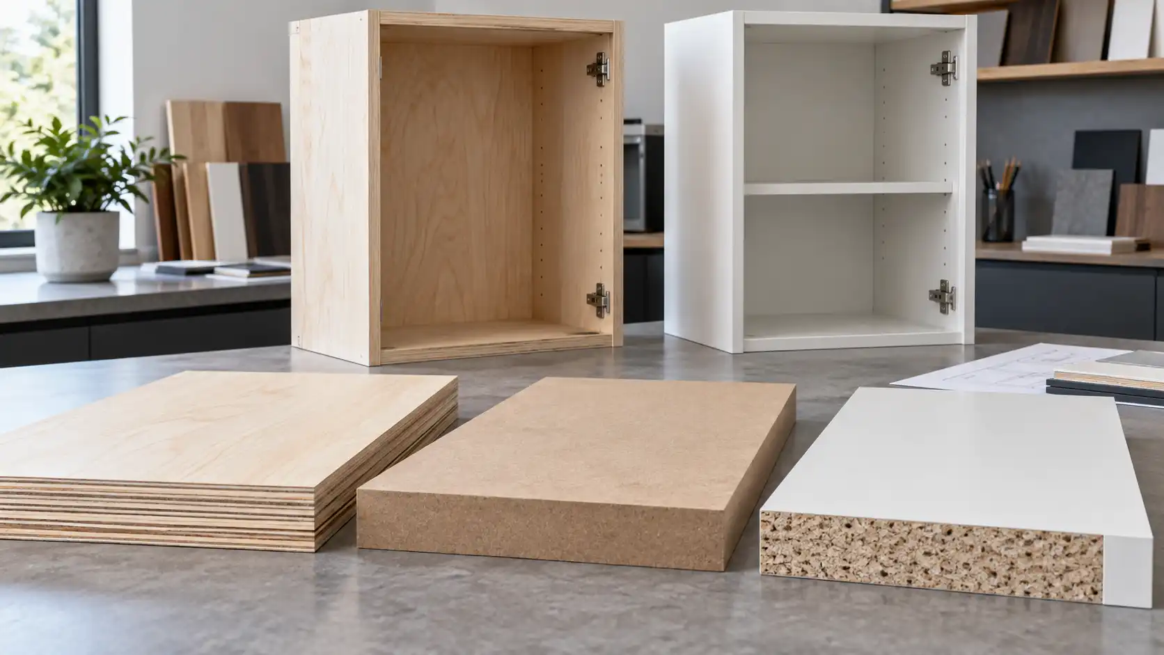Plywood vs MDF vs particle board cabinets for B2B projects.