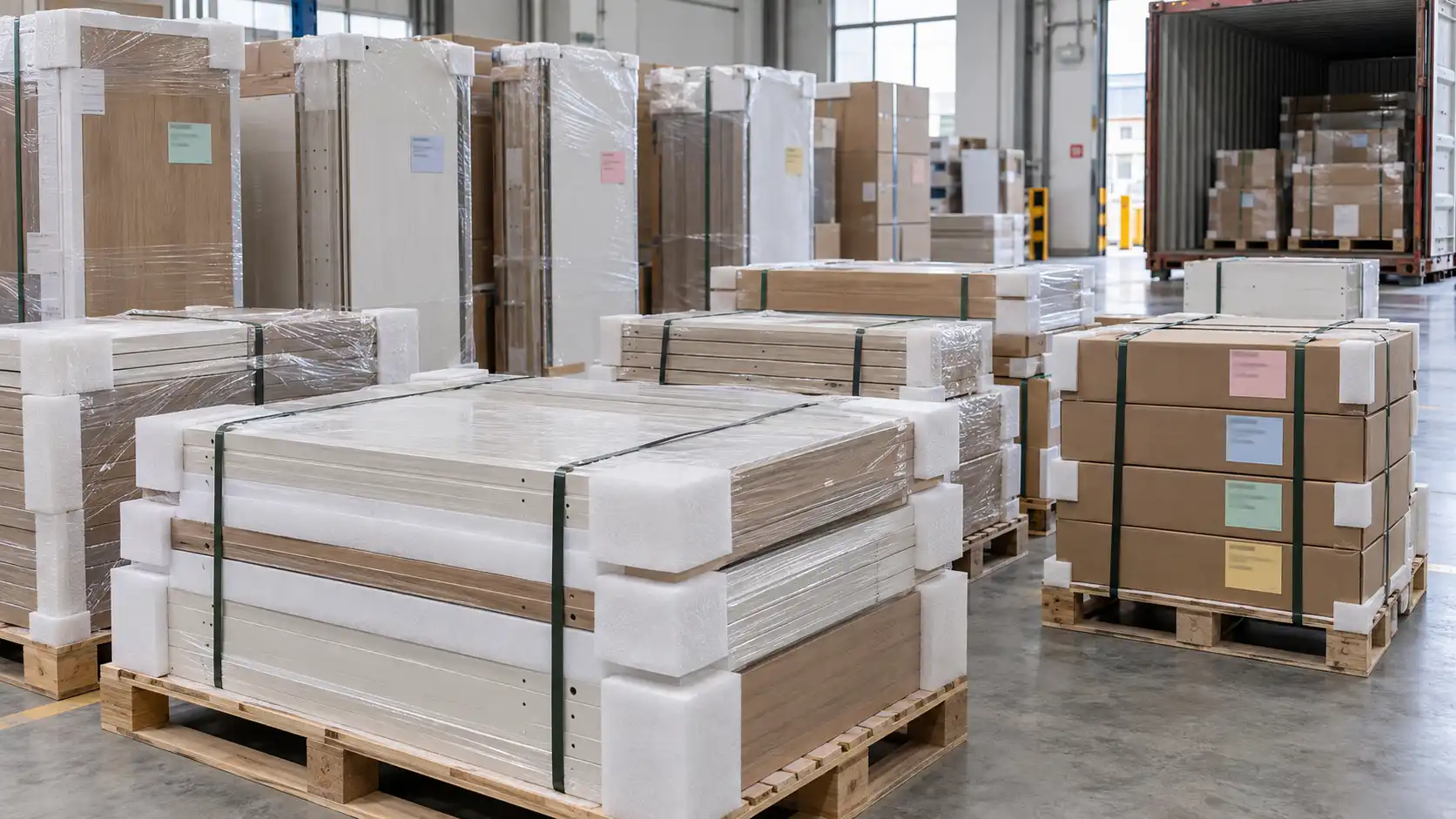Protected flat-pack cabinet components prepared for room-coded overseas project delivery.